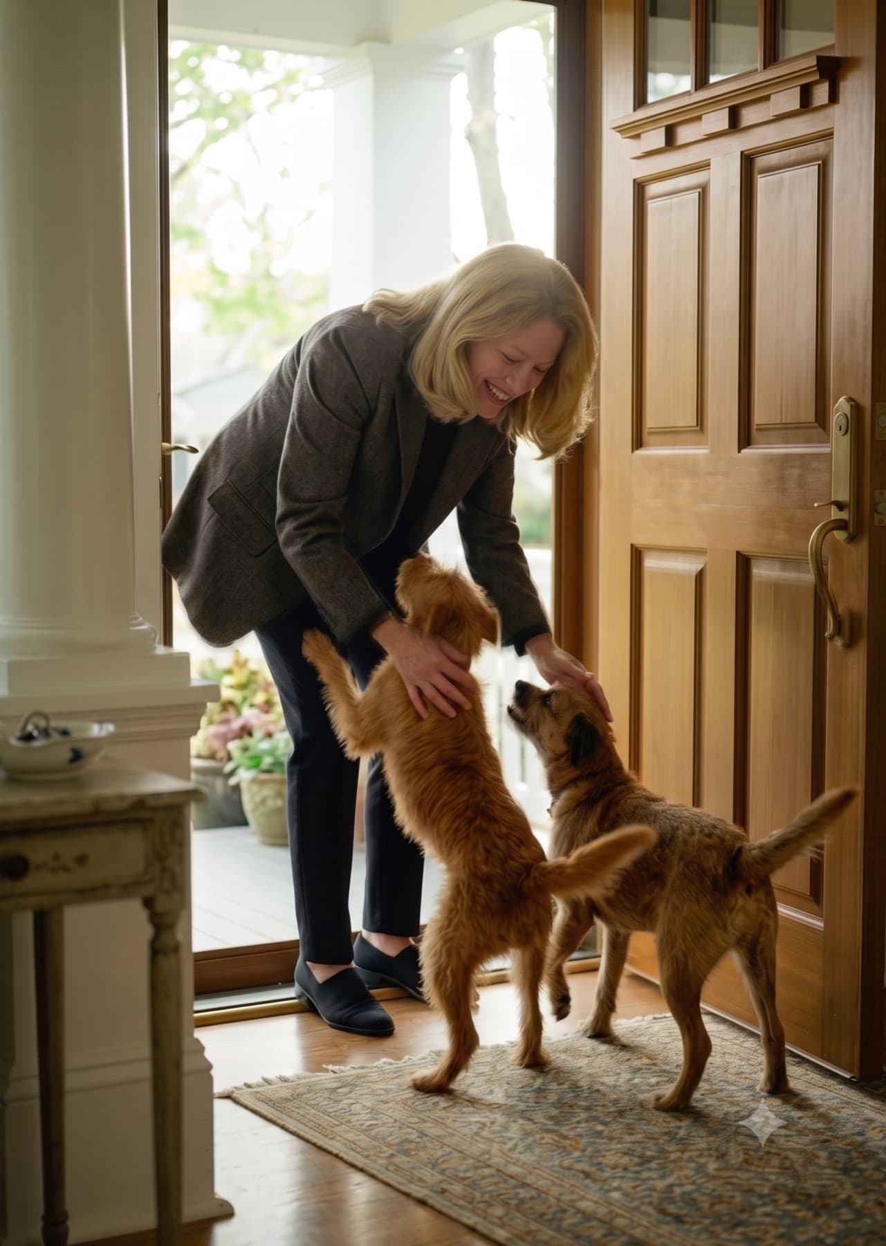 A woman greeting her two dogs at the front door of her home